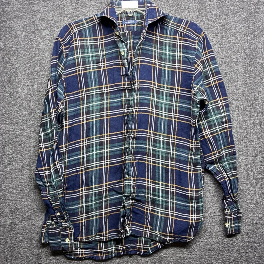SuitSupply Albiate Milano Men Plaid Button Down Shirt Navy Green 15.5 39‎ SMALL